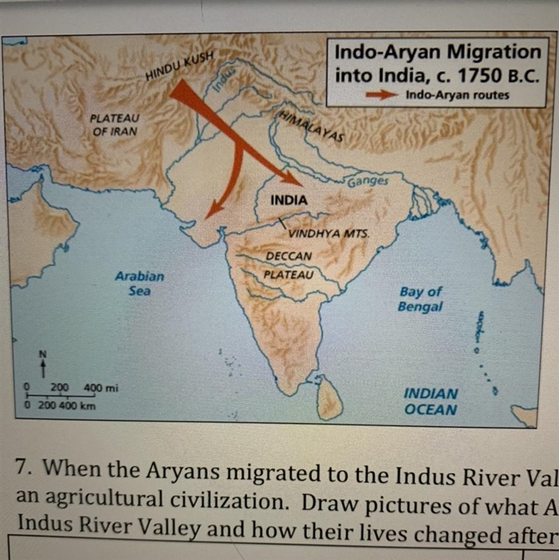 URGENT: NEED ANSWER NOW!!! A) according to the map, which direction did aryans come-example-1