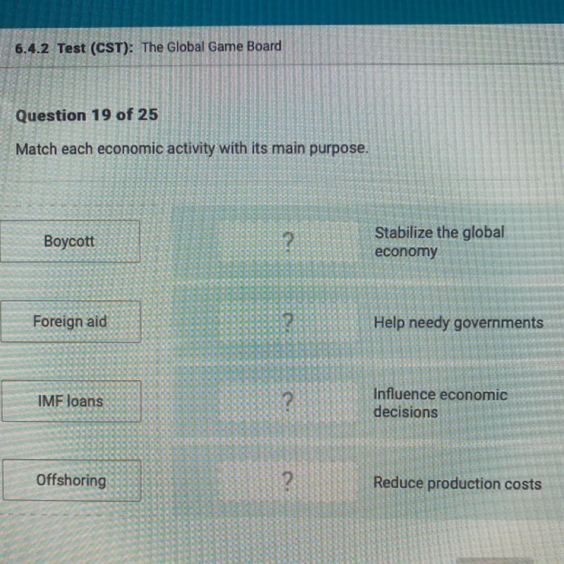 Match each economic activity with its main purpose. Boycott ? Stabilize the global-example-1