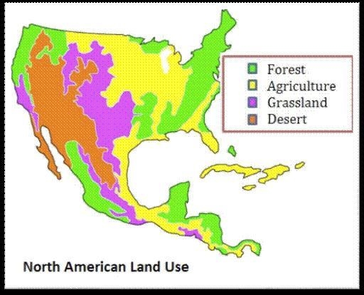 The map shows the area in North America devoted to agriculture. Based on this map-example-1