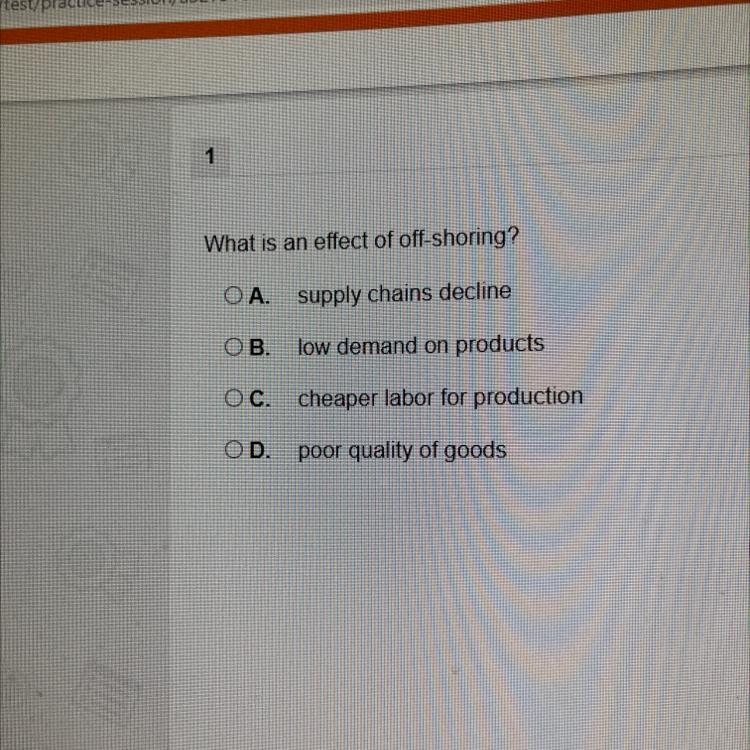 What is an effect of off-shoring? OA. supply chains decline ОВ. low demand on products-example-1