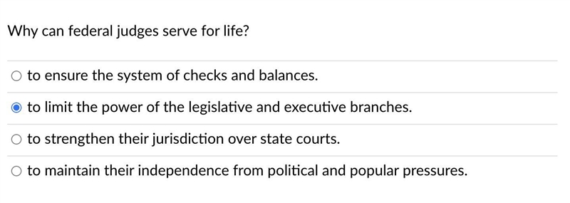 To ensure the system of checks and balances. to limit the power of the legislative-example-1