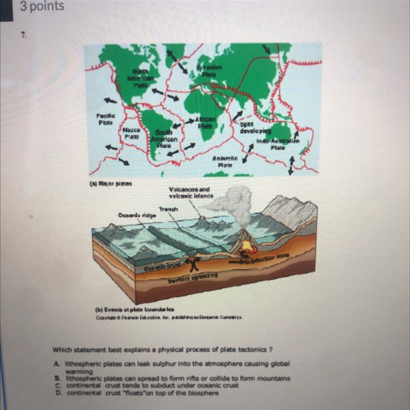 Which statement best explains a physical process of plate tectonics ?-example-1