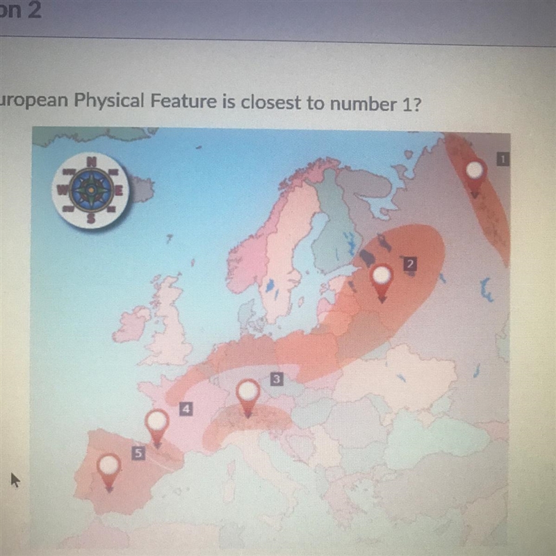 Which European Physical Feature is closest to number 1? Ural Mountains Alps Pyrenees-example-1