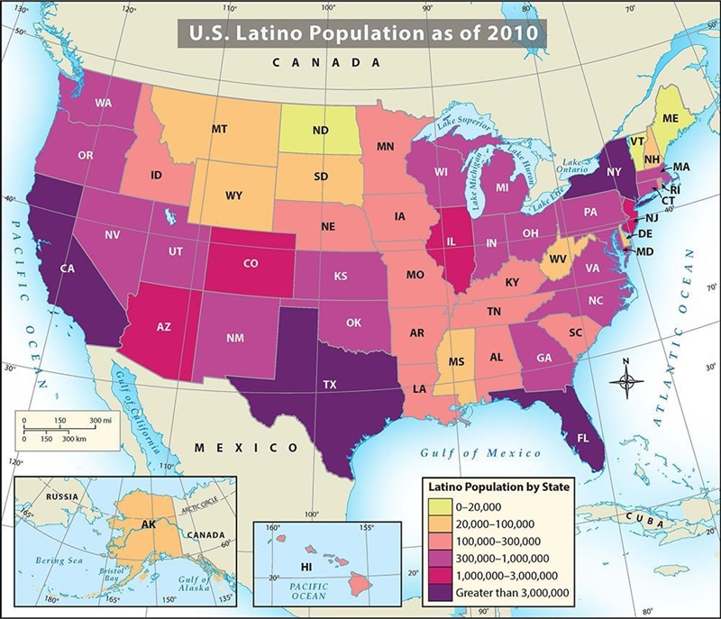 According to the map, which of the following states had the largest Latino population-example-1