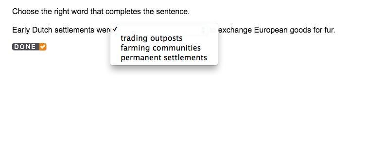 Choose the right word that completes the sentence. Early Dutch settlements were *blank-example-1