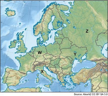 The Danube River originates in Germany before flowing across Europe. Which letter-example-1