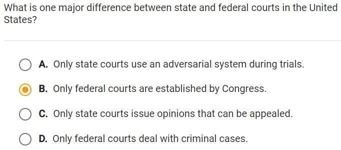 What is one major difference between state and federal courts in the United States-example-1