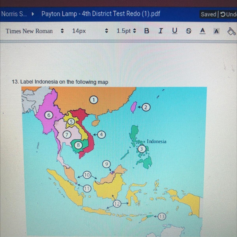 What’s number is Indonesia on the map? 6th grade-example-1