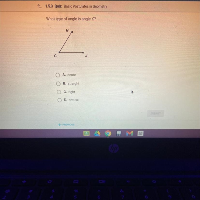 What type of angle is angle G? H 2 G O A. acute OB. straight O C. right O D. obtuse-example-1