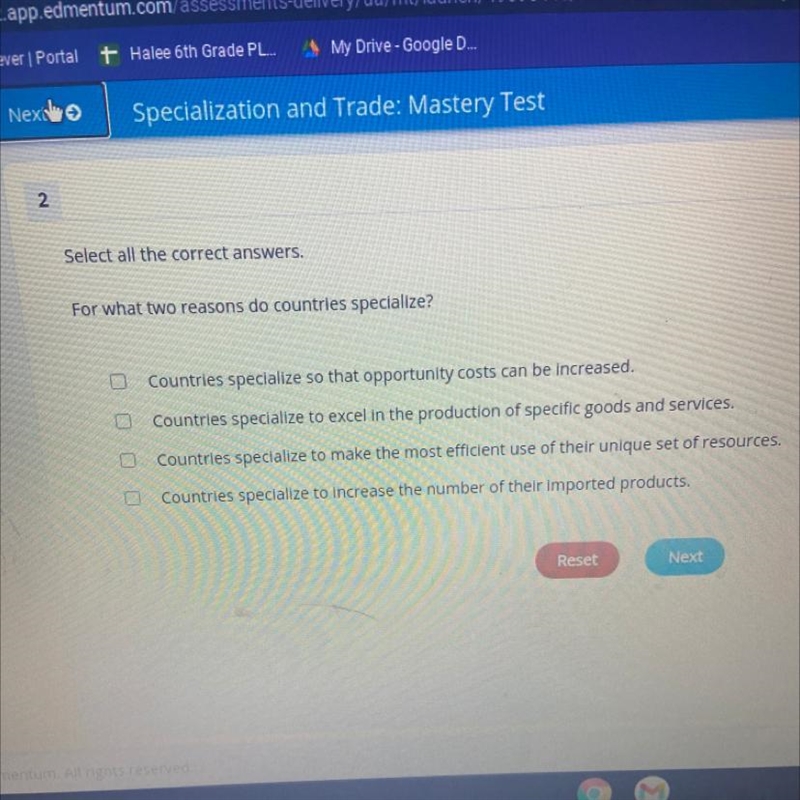 Select all the correct answers. For what two reasons do countries specialize? Countries-example-1