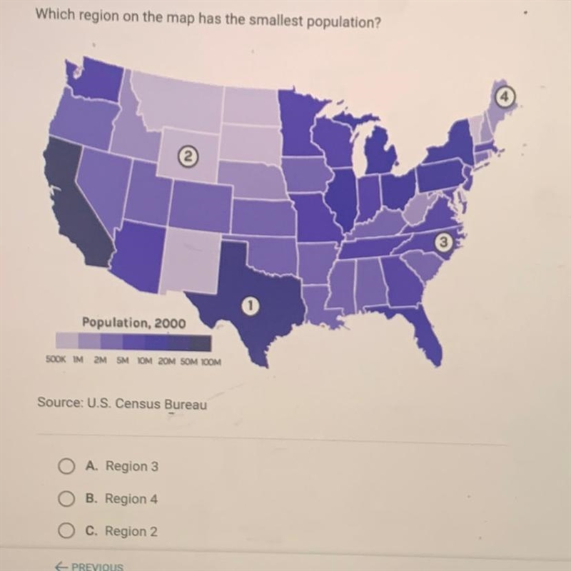 Semester Exam Which region on the map has the smallest population? Source: U.S. Census-example-1