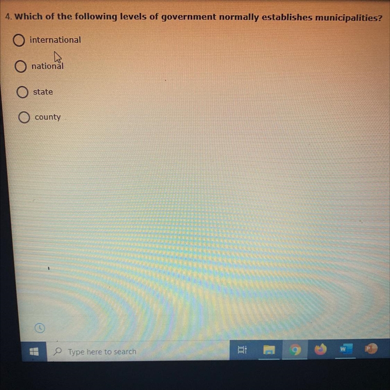 Which of the following levels of government normally establishes municipalities?-example-1