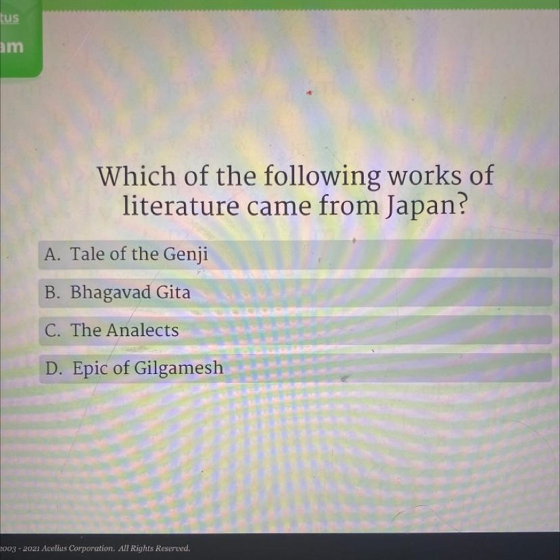 Which of the following works of literature came from Japan? A. Tale of the Genji B-example-1