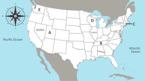 Which state is located at point C? A) Utah B) Tennessee C) Connecticut D) Wisconsin-example-1