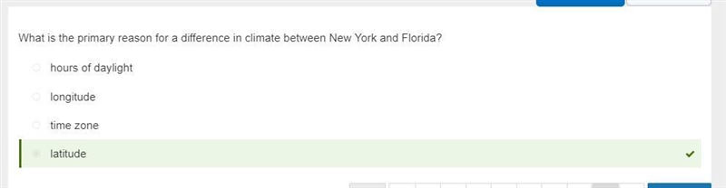 What is the primary reason for a difference in climate between New York and Florida-example-1