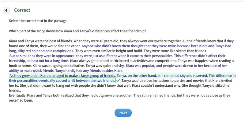 Which part of the story shows how Kiara and Tanya's differences affect their friendship-example-1