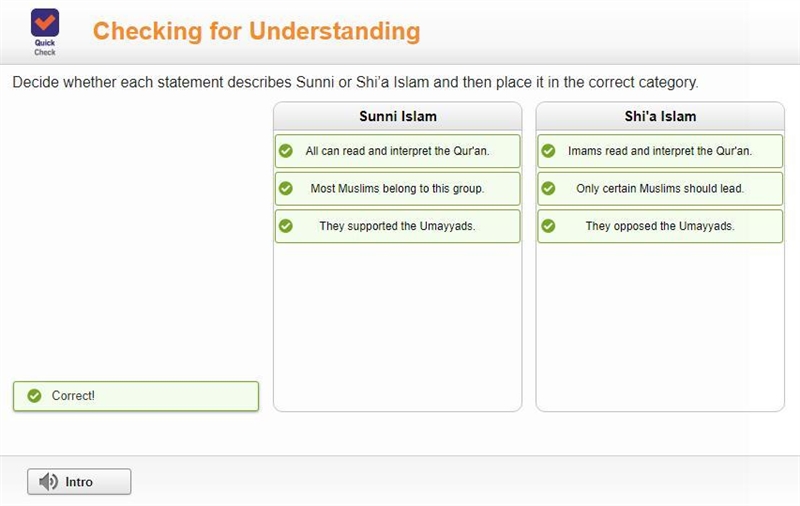 decide whether each statement describes sunni pr shi'a islam and then place it in-example-1