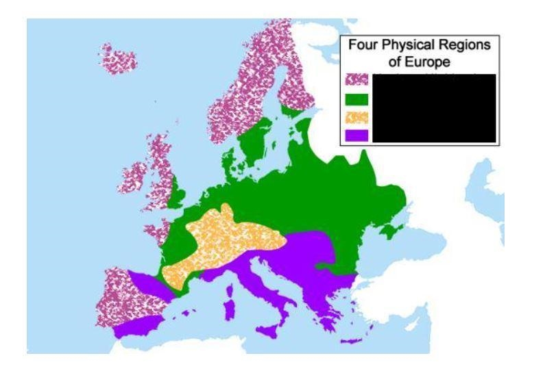 Locate the four physical regions of Europe by matching the region with its corresponding-example-1