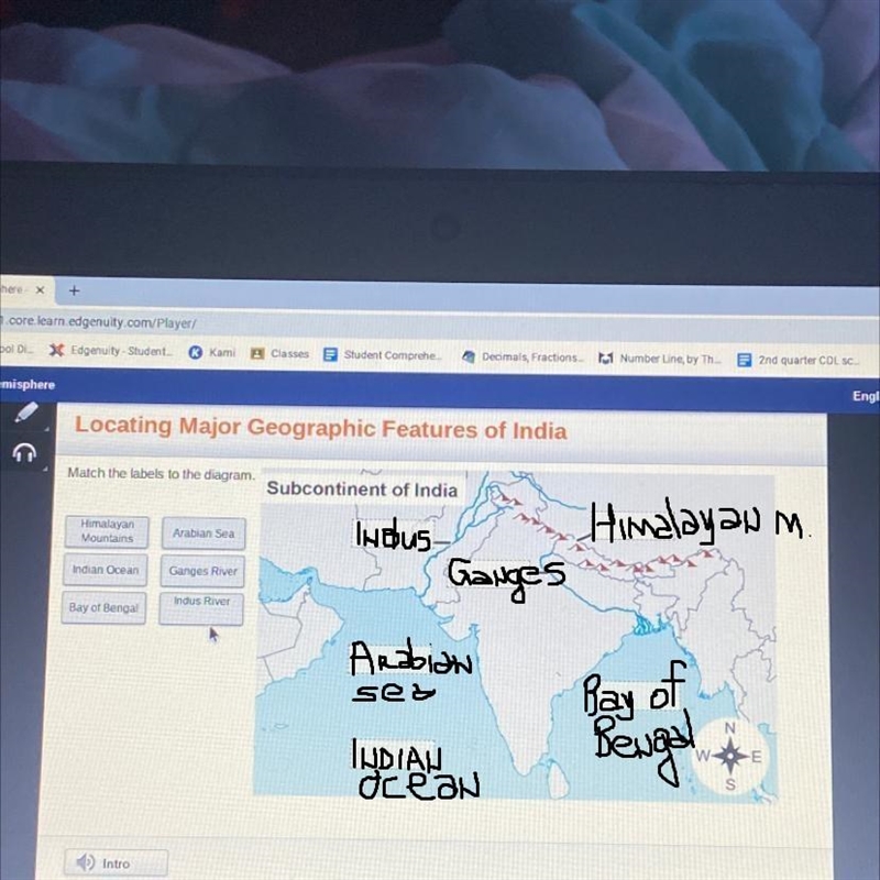 Locating Major Geographic Features of India Match the labels to the diagram Subcontinent-example-1