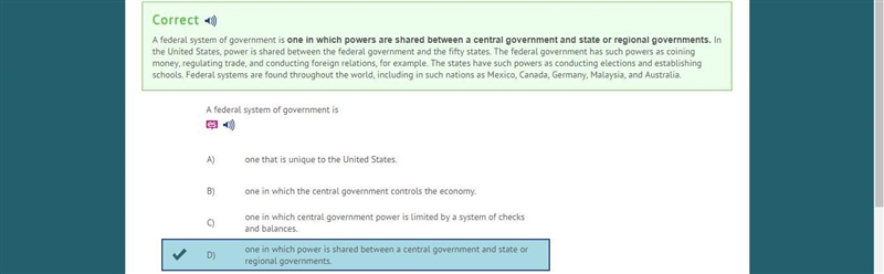 A federal system of government is A. One that is unique to the United States B. One-example-1