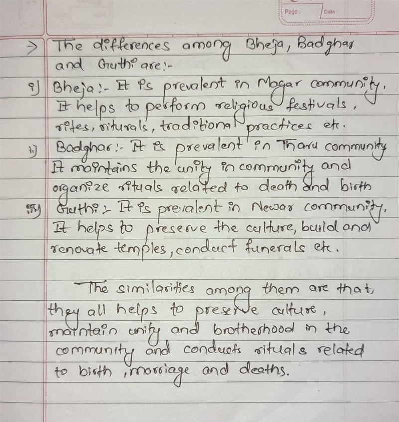 Write down the difference and similarities between bheja ,badghar and guthi​-example-1