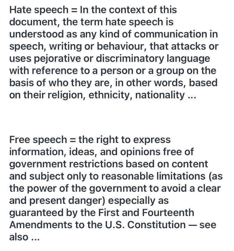 Hate speech vs. free speech (explain the def and give examples 2 each)-example-1