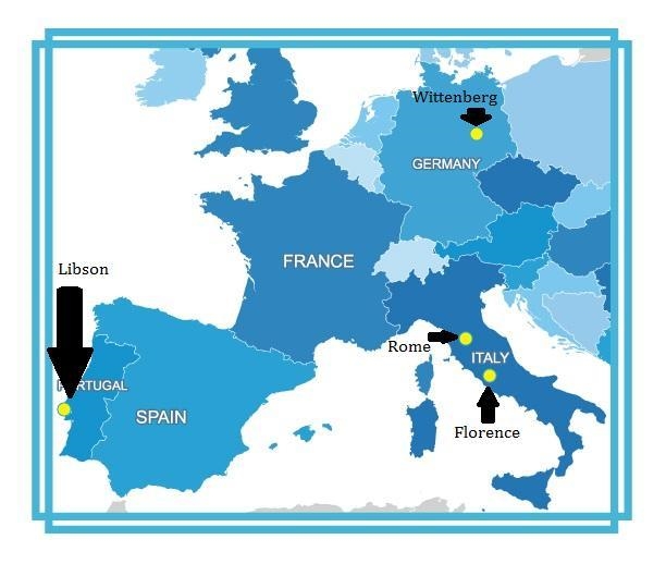 Guys help meee Label the following four cities on the map. - Florence (Italy) - Lisbon-example-1