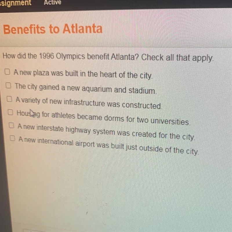 How did the 1996 olympics benefit atlanta? check all that apply-example-1