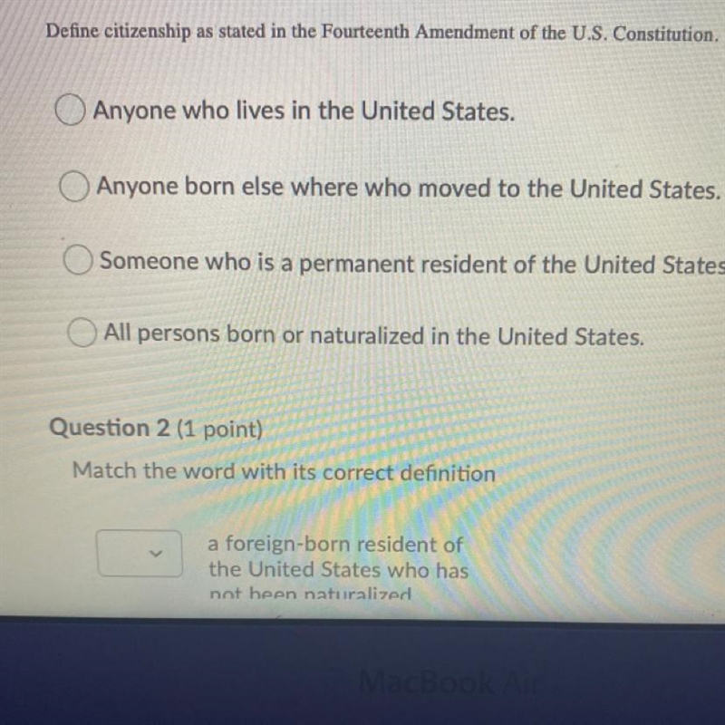 Define citizenship as stated in the Fourteenth Amendment of the U.S. Constitution-example-1