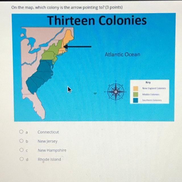 On the map, which colony is the arrow pointing to? (3 points) Thirteen Colonies Atlantic-example-1