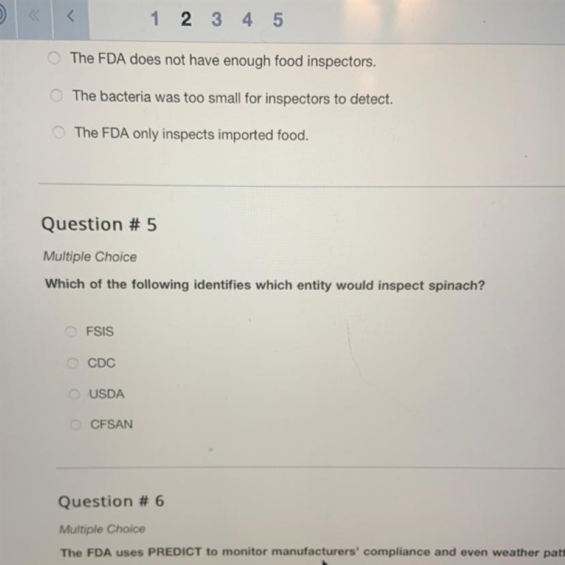 Which of the following identifies which entity would inspect spinach? FSIS CDC USDA-example-1