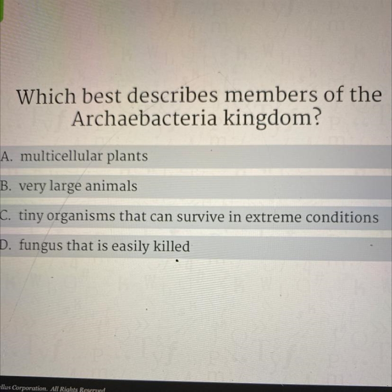 Which best describes members of the archaebacteria kingdoms? A. Multicellular plants-example-1