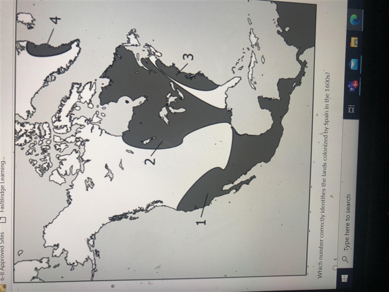 Which number correctly identifies the lands colonized by Spain in the 1600s-example-1