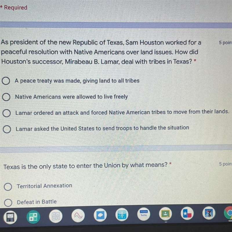 5 points As president of the new Republic of Texas, Sam Houston worked for a peaceful-example-1