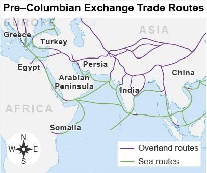 Compare the trade route maps. Old Trade Routes A map titled Pre-Columbian Exchange-example-1