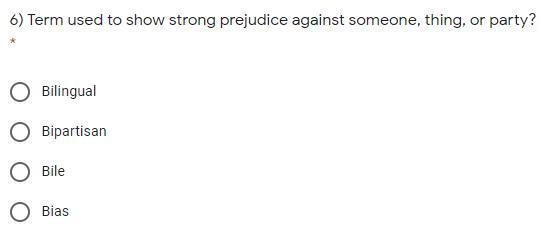 Term used to show strong prejudice against someone, thing, or party? True or false-example-1