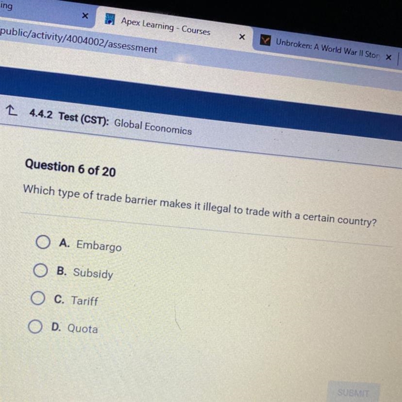 (ECONOMICS) LAA 2 Test (OST): Global Economics Question 6 of 20 Which type of trade-example-1