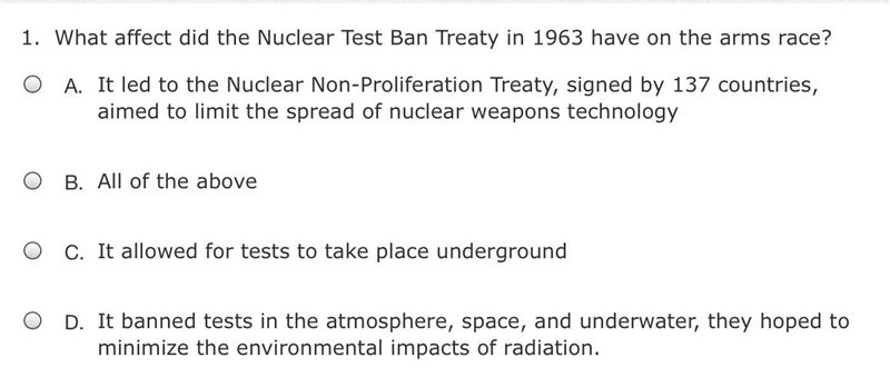 What affect did the Nuclear Test Ban Treaty in 1963 have on the arms race?-example-1