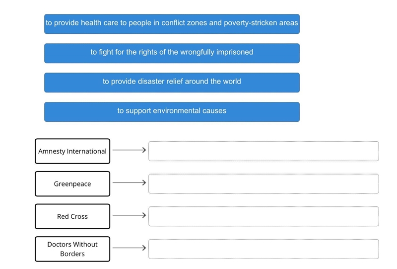 Drag each tile to the correct box. Match each nongovernmental organization with the-example-1