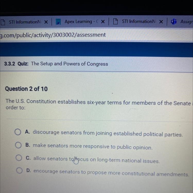 Six-year terms for members of the Senate in The U.S. Constitution establishes order-example-1