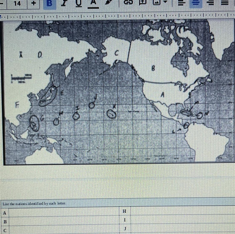 List the nations identified by each letter A H B. I C D K E L F M G N What is the-example-1