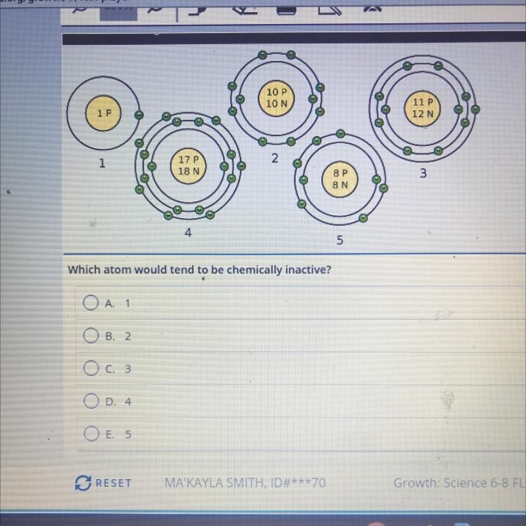 Which atom would tend to be chemically inactive. A1. B2. C3. D4. E.5t-example-1