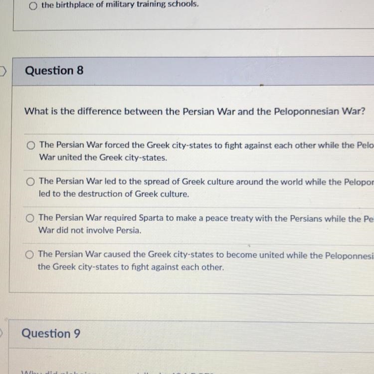 Question 8 1 pts What is the difference between the Persian War and the Peloponnesian-example-1