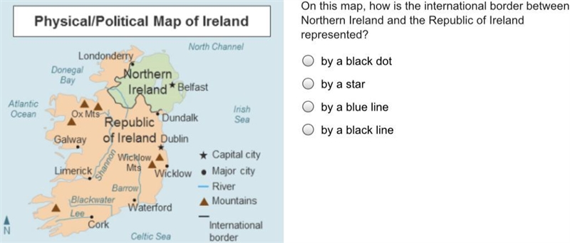 On this map, how is the international border between Northern Ireland and the Republic-example-1