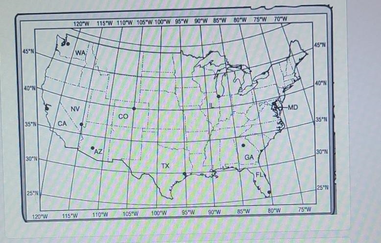 Which location is at 47N, 122W?* California (CA) Washington (WA) Nevada (NV) Arizona-example-1