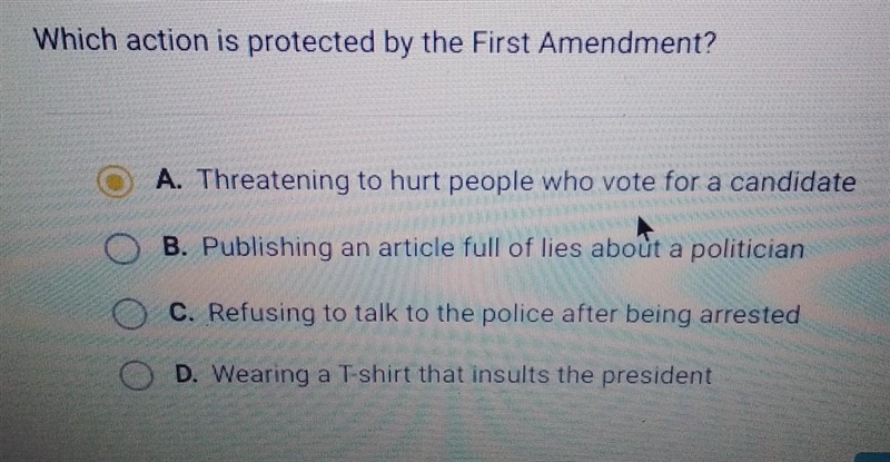 Which action is protected by the first amendment?​-example-1