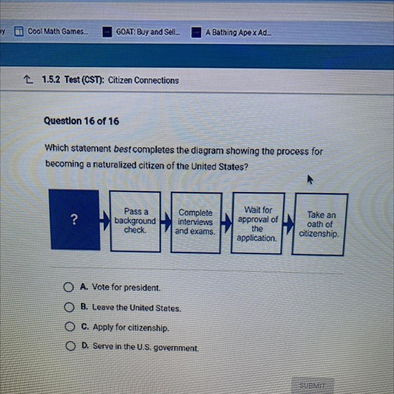 Which statement best completes the diagram showing the process for becoming a naturalized-example-1