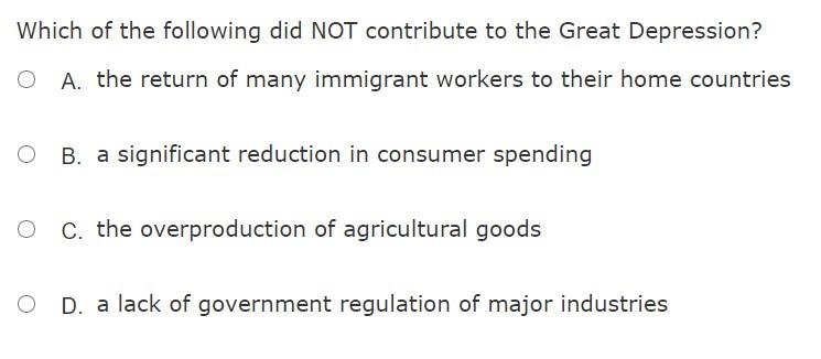 Which of the following did not contribute to the great depression-example-1