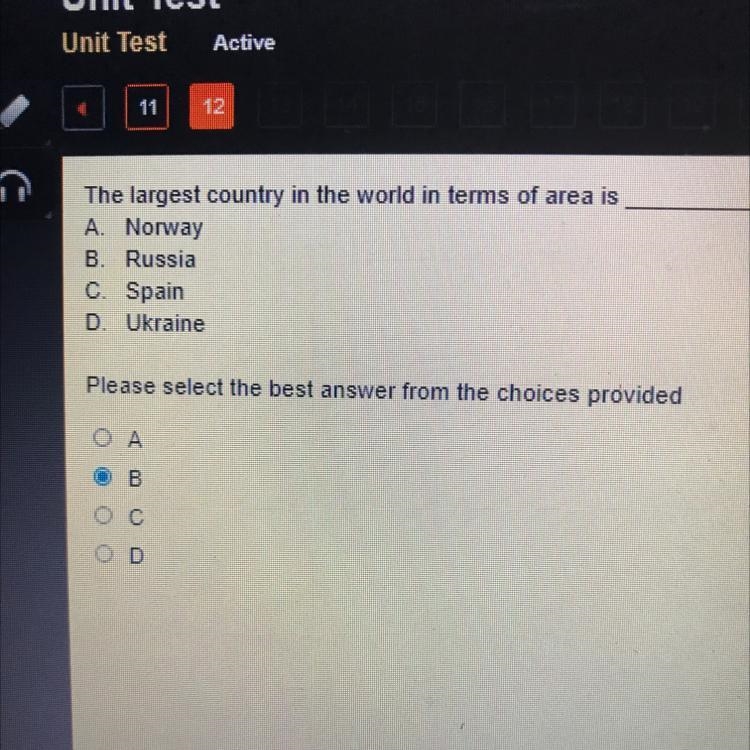 The largest country in the world in terms of area is A. Norway B В Russia C. Spain-example-1