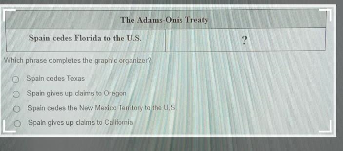 A spain cedes texas B spain gives up claims to Oregon C Spain cedes the New Mexico-example-1